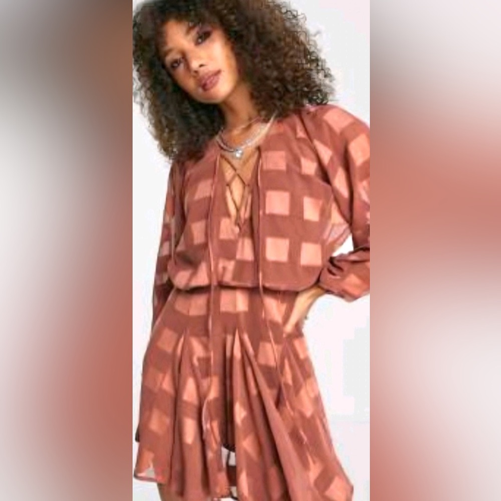 ASOS Dress Mini Brown Checkered Plunge Tie Neckline Godet Skirt Long Sleeves 2👍